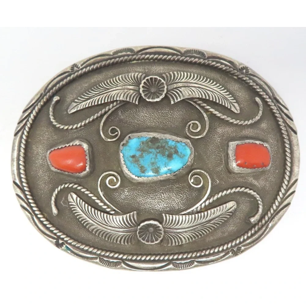Al Joe Navajo Sterling Silver Turquoise Coral Belt Buckle Signed‎ Artisan 76g